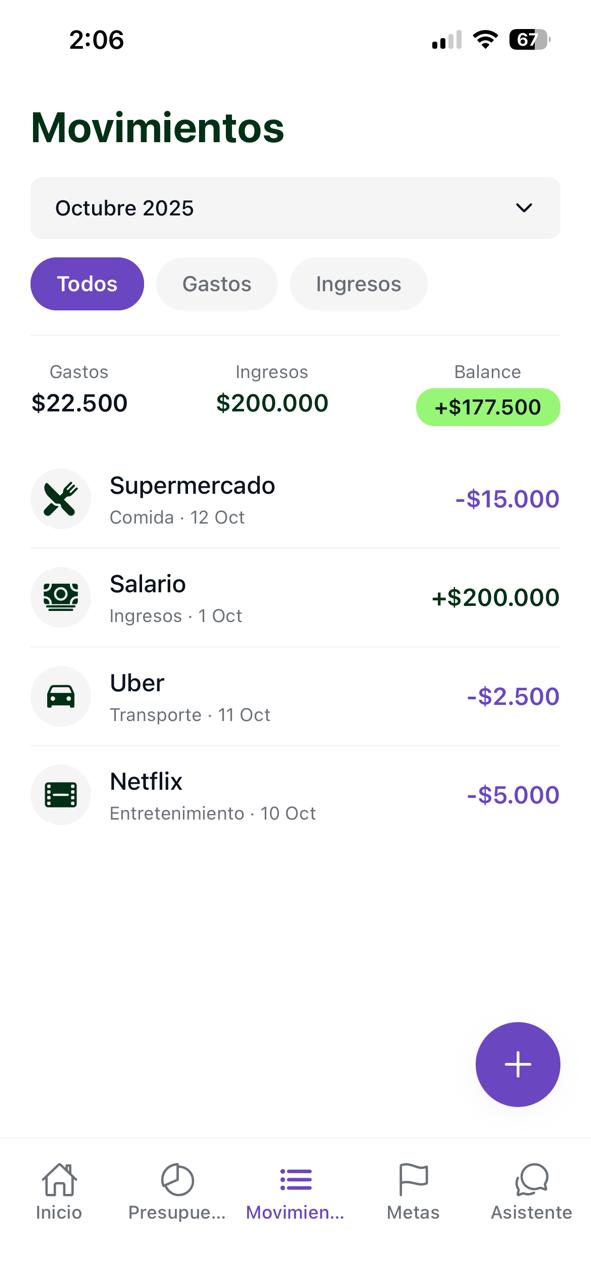 Historial de movimientos y gastos en Finanzalia con filtros y gráficos claros